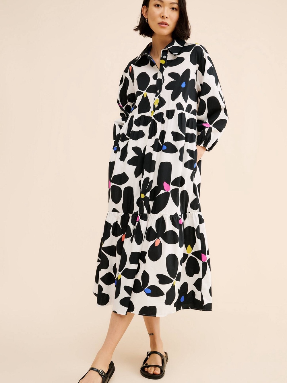 Anthropologie White Maxi Dress with Black Floral and Colorful Dots